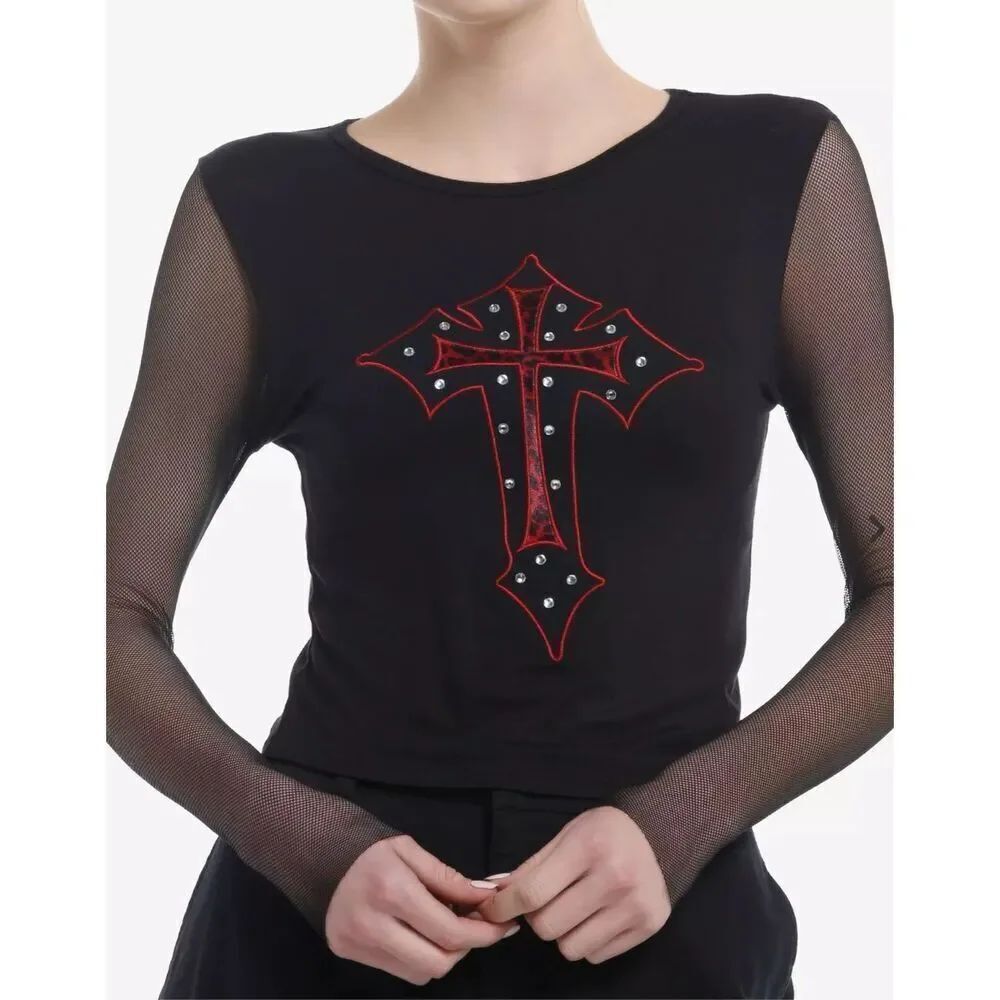 Social Collision Leopard Print Gothic Cross Fishnet Sleeve Top Nwot Medium